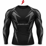 PSI Prosidz Industries long sleeve compression shirts close-ups of the black neckline, raglan seam, graphite print and stitched cuff with PSI branding above.