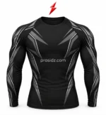 PSI Prosidz Industries long sleeve compression shirts close-ups of the black neckline, raglan seam, graphite print and stitched cuff with PSI branding above.