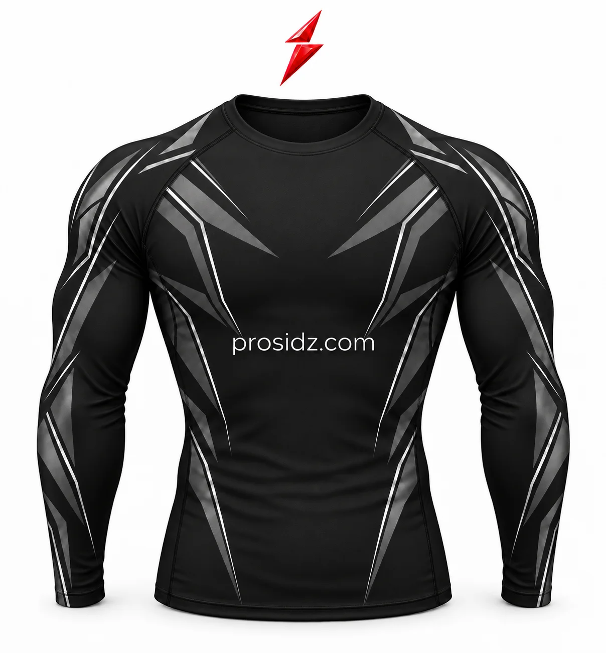 psi-prosidz-industries-long-sleeve-compression-shirts-closeups PSI Prosidz Industries long sleeve compression shirts close-ups of the black neckline, raglan seam, graphite print and stitched cuff with PSI branding above.