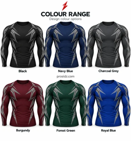 PSI Prosidz Industries long sleeve compression shirts front view with black fabric, graphite angular graphics, silver lines and a red PSI logo above.