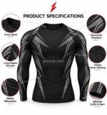 PSI Prosidz Industries long sleeve compression shirts specification image with callouts for the crew neck, sleeves, graphics and stitching below a red PSI logo.