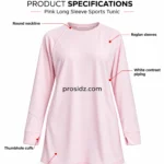 PSI prosidz industries Long Sleeve Workout Top four-grid detail image showing pink neckline, white piping, thumbhole cuff and hem stitching.