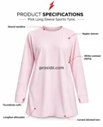 PSI prosidz industries Long Sleeve Workout Top four-grid detail image showing pink neckline, white piping, thumbhole cuff and hem stitching.
