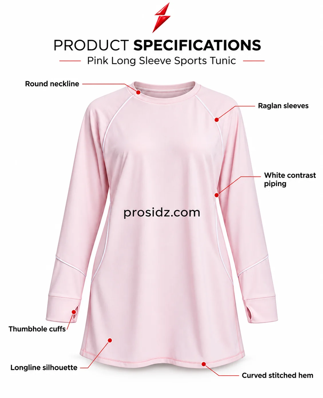 psi-prosidz-industries-long-sleeve-workout-top-detail-grid PSI prosidz industries Long Sleeve Workout Top four-grid detail image showing pink neckline, white piping, thumbhole cuff and hem stitching.