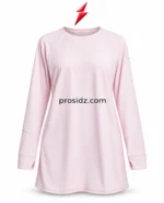 PSI prosidz industries Long Sleeve Workout Top in blush pink with white raglan piping, thumbhole cuffs and red PSI logo above.