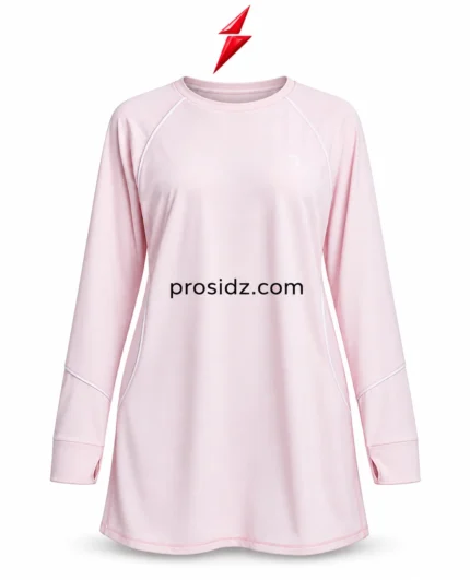 PSI prosidz industries Long Sleeve Workout Top in blush pink with white raglan piping, thumbhole cuffs and red PSI logo above.