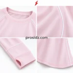 PSI prosidz industries Long Sleeve Workout Top specifications graphic with pink front view, red PSI logo and labelled construction details.