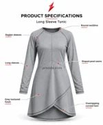 PSI and prosidz industries Modest Gym Top four-grid close-ups of neckline, cuff stitching, panel seams and overlapping hem