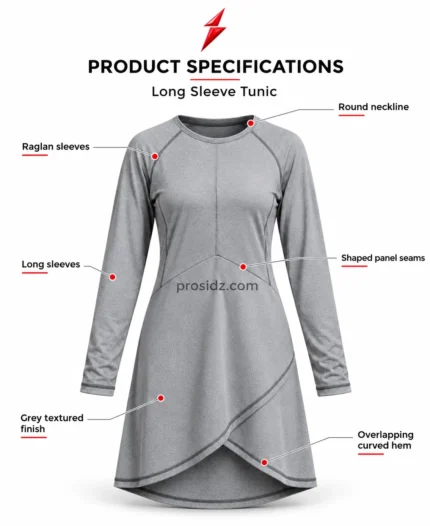 PSI and prosidz industries Modest Gym Top four-grid close-ups of neckline, cuff stitching, panel seams and overlapping hem
