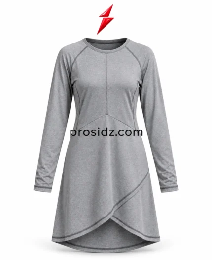 PSI and prosidz industries Modest Gym Top front view in grey with raglan seams, overlapping hem and red logo above