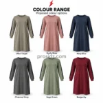 PSI prosidz industries Modest Workout tunic proposed colour range in olive taupe, dusty rose, navy, charcoal, sage and burgundy with black sleeve stripes.