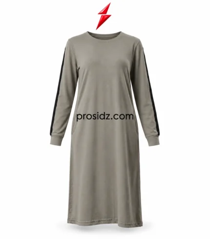 PSI prosidz industries Modest Workout tunic front view in olive taupe with black sleeve stripes, side pockets and red PSI logo above.