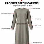 PSI prosidz industries Modest Workout specifications image showing an olive tunic with labelled neckline, black sleeve stripes, pockets and hem.