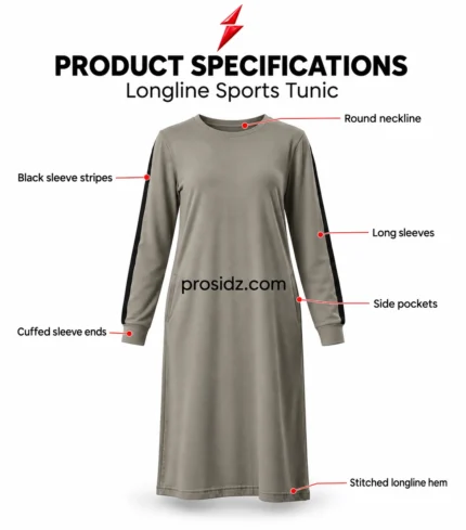 PSI prosidz industries Modest Workout specifications image showing an olive tunic with labelled neckline, black sleeve stripes, pockets and hem.