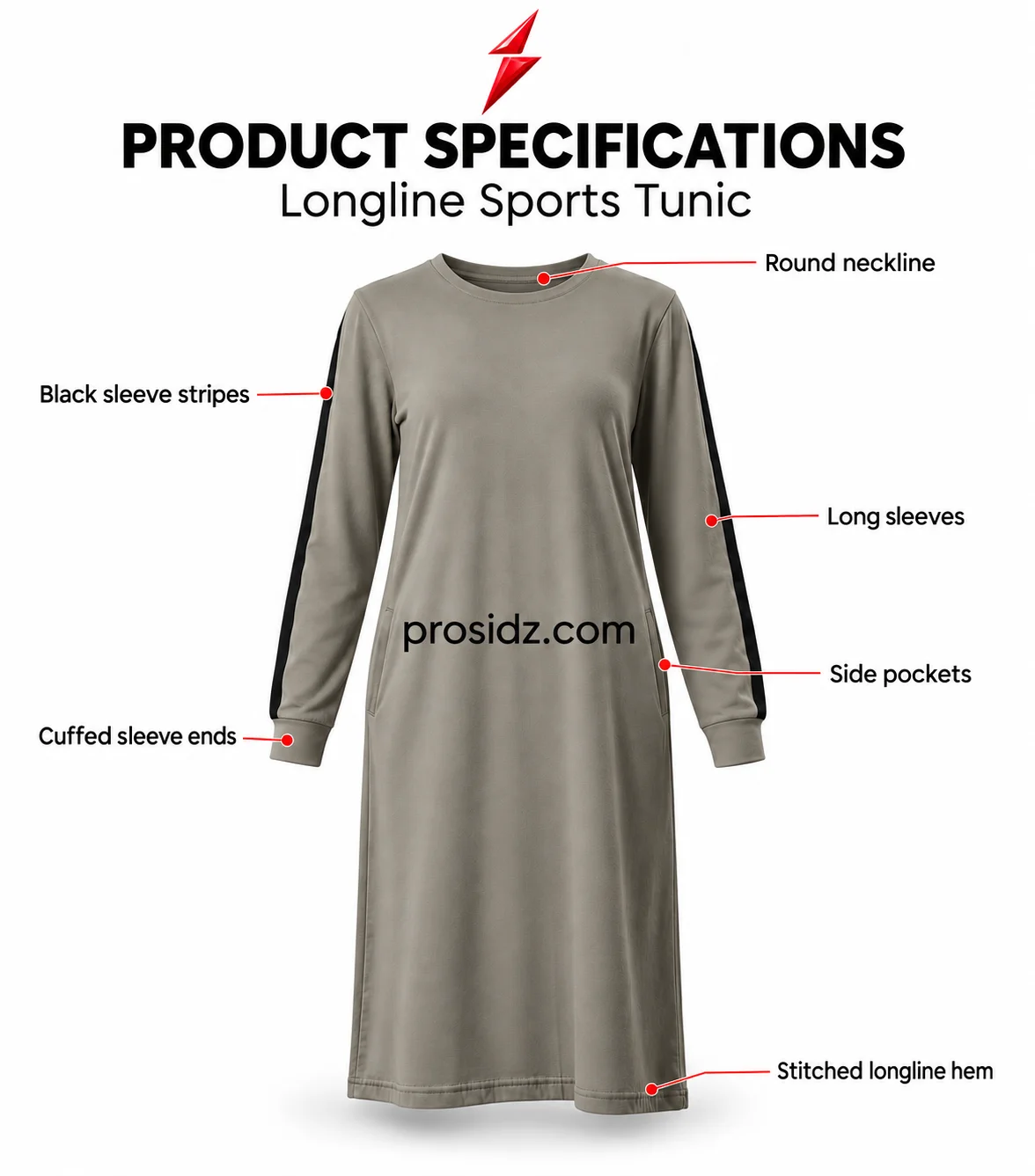 psi-prosidz-industries-modest-workout-tunic-specifications PSI prosidz industries Modest Workout specifications image showing an olive tunic with labelled neckline, black sleeve stripes, pockets and hem.