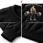PSI prosidz industries Oversized Gym Sweatshirt four-grid image showing black neckline stitching, gold and ivory weightlifting print, ribbed cuff and waistband.