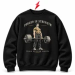 PSI prosidz industries Oversized Gym Sweatshirt in black with gold and ivory weightlifting artwork, ribbed trims and a red PSI logo above.