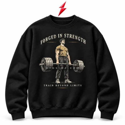 PSI prosidz industries Oversized Gym Sweatshirt in black with gold and ivory weightlifting artwork, ribbed trims and a red PSI logo above.