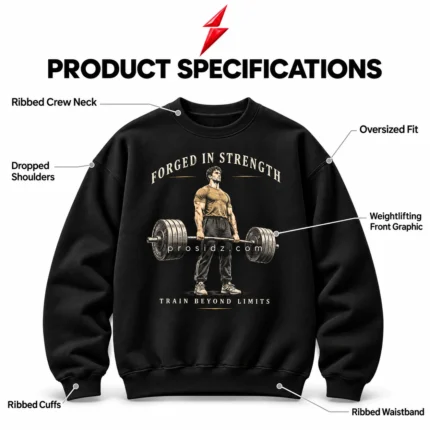 PSI prosidz industries Oversized Gym Sweatshirt specification image with six callouts showing ribbed neckline, dropped shoulders, cuffs, waistband and front artwork.