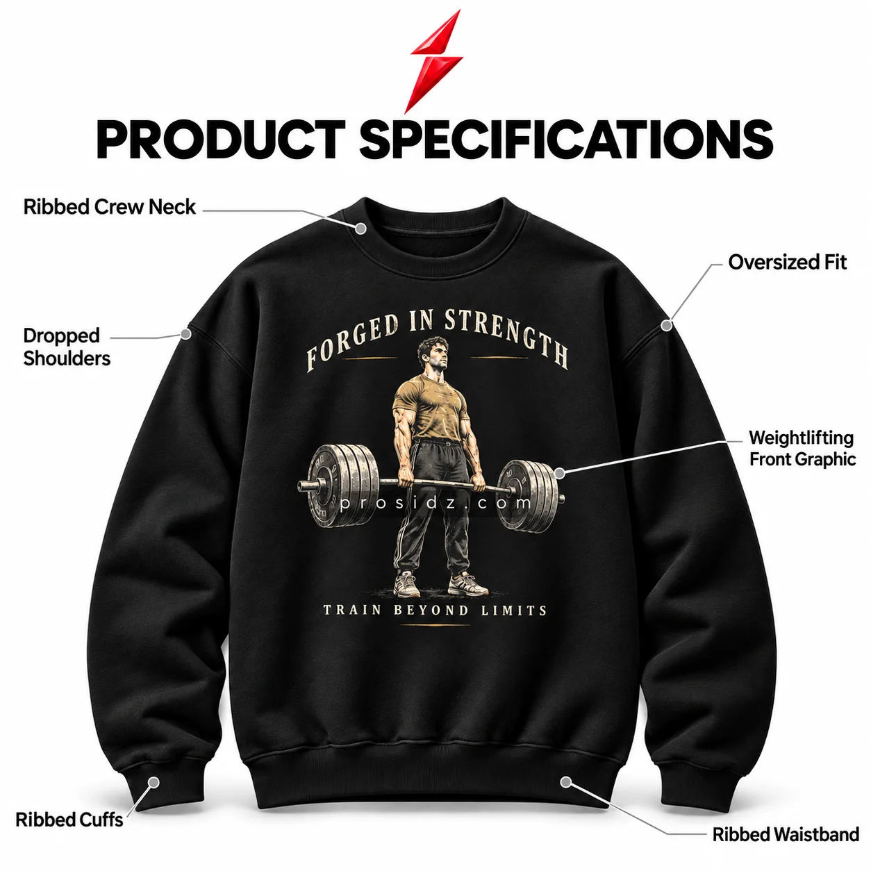 psi-prosidz-industries-oversized-gym-sweatshirt-specifications PSI prosidz industries Oversized Gym Sweatshirt specification image with six callouts showing ribbed neckline, dropped shoulders, cuffs, waistband and front artwork.