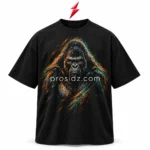 PSI prosidz industries Oversized shirt front view in black with an orange and teal gorilla graphic, ribbed neckline and red PSI logo above.