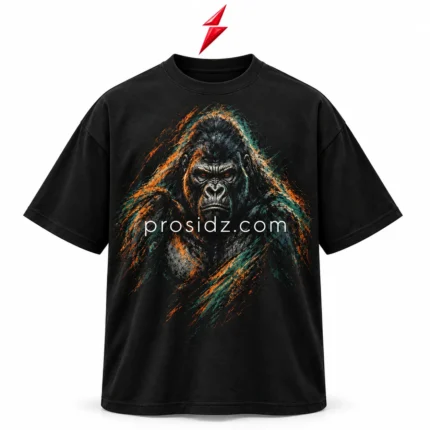 PSI prosidz industries Oversized shirt front view in black with an orange and teal gorilla graphic, ribbed neckline and red PSI logo above.