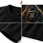 PSI prosidz industries Oversized shirt four-grid close-up showing black collar ribbing, orange and teal gorilla artwork, sleeve stitching and bottom hem.