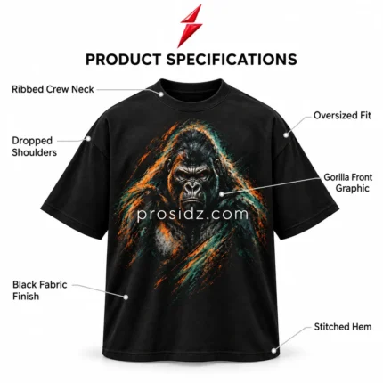 PSI prosidz industries Oversized shirt plain black back view with dropped shoulders, stitched sleeve cuffs, straight hem and red PSI logo above.