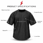PSI prosidz industries Oversized T-Shirts specification image labeling the ribbed neck, dropped shoulders, short sleeves, heather texture and curved hem.