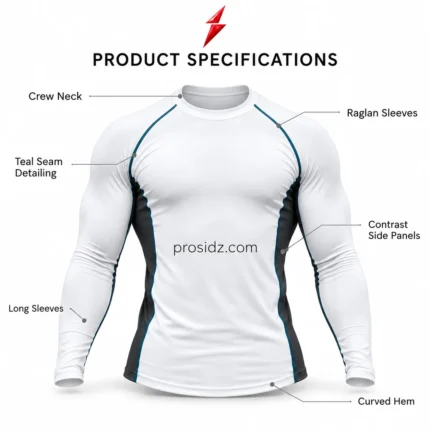 PSI prosidz industries private label compression shirts specification image labeling crew neck, raglan sleeves, teal seams, side panels and curved hem.