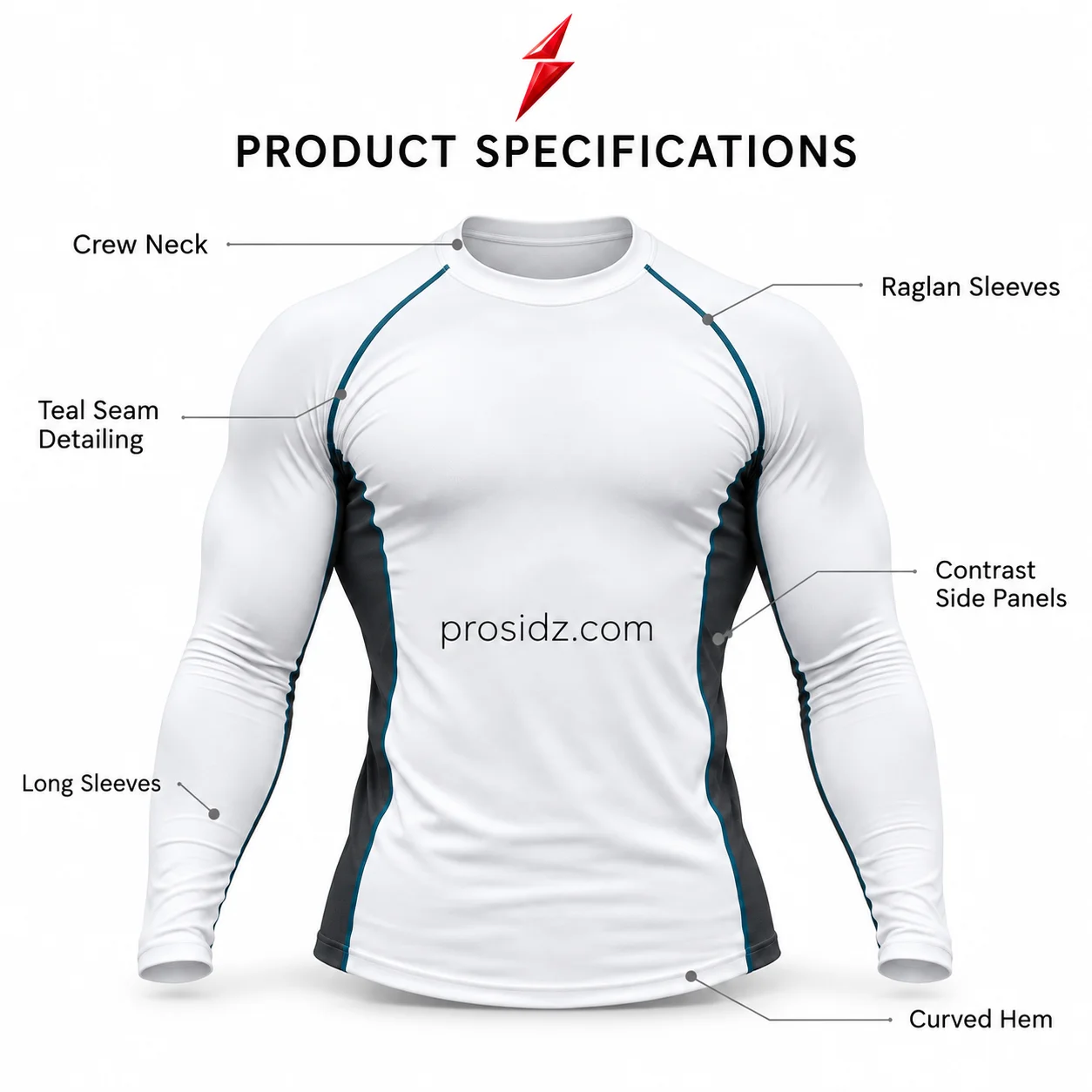 psi-prosidz-industries-private-label-compression-shirts-design-details PSI prosidz industries private label compression shirts specification image labeling crew neck, raglan sleeves, teal seams, side panels and curved hem.