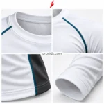 PSI prosidz industries private label compression shirts four-grid close-up showing white collar stitching, teal shoulder seam, charcoal side panel and cuff.