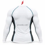 PSI prosidz industries private label compression shirts rear view showing a white back, charcoal side panels, teal raglan seams and top PSI logo.