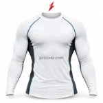 PSI prosidz industries private label compression shirts front view with white body, charcoal side panels, teal shoulder seams and PSI logo above.