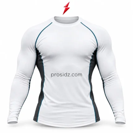 PSI prosidz industries private label compression shirts front view with white body, charcoal side panels, teal shoulder seams and PSI logo above.