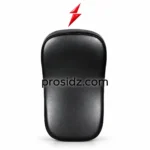 Single black PSI Thai Pads front view by prosidz industries with rounded corners, textured striking face, stitched edging and red logo above.