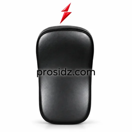 Single black PSI Thai Pads front view by prosidz industries with rounded corners, textured striking face, stitched edging and red logo above.