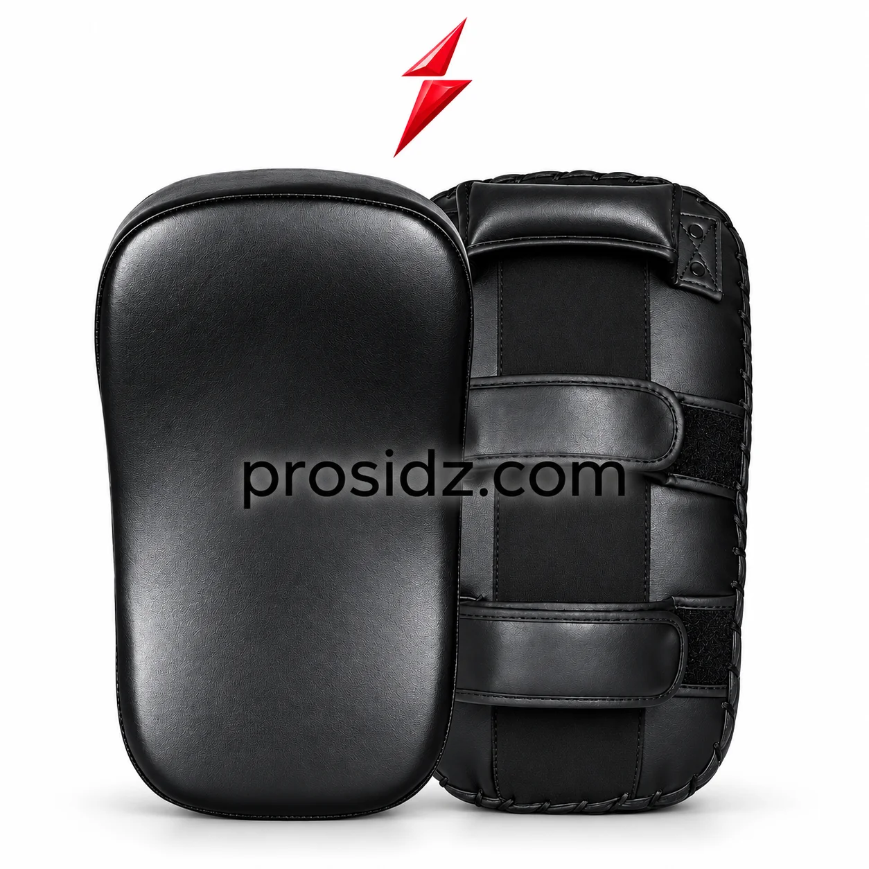 psi-prosidz-industries-thai-pads-black-front-back PSI Thai Pads by prosidz industries showing black textured front and rear panels, stitched edges, two straps and a red logo above.