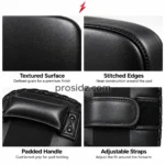 Four-grid PSI Thai Pads image by prosidz industries showing black surface grain, edge stitching, padded handle and fastening straps beneath a red logo.