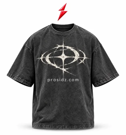 PSI by prosidz industries Washed Oversized T-Shirt in charcoal with an off-white distressed orbital chest graphic, dropped shoulders and red logo above.