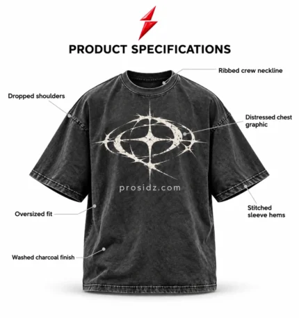 PSI by prosidz industries Washed Oversized T-Shirt specification image labeling the ribbed neckline, dropped shoulders, charcoal finish and distressed graphic.