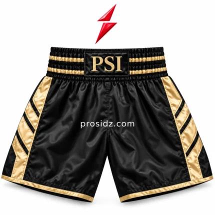 PSI wholesale boxing shorts by prosidz industries with a black body, gold chevron side panels, visible stitching and centered gold PSI waistband patch.