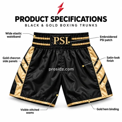 PSI wholesale boxing shorts by prosidz industries with labeled waistband, embroidered PSI patch, gold chevron panels, stitched seams and gold hem binding.