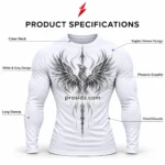 PSI prosidz industries wholesale compression shirts specification image showing crew neck, raglan seams, long sleeves and grey phoenix print.