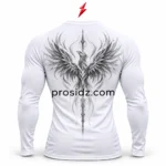 PSI prosidz industries wholesale compression shirts, white front with grey phoenix artwork, crew neck and red logo above.