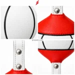 PSI and prosidz industries Wholesale Double End Bag close-up showing black textured panels, curved stitching, and a red emblem near the upper neck