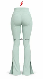 PSI and prosidz industries Wholesale Flared Leggings specification image with mint panels, stitching closeups, and a top centered red logo