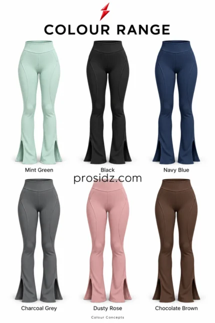 PSI and prosidz industries Wholesale Flared Leggings in mint green with curved front stitching and a red logo above the waistband
