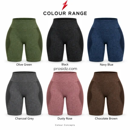 PSI and prosidz industries Wholesale Shorts front view in olive green with patterned panels, curved stitching and a red logo above the waistband