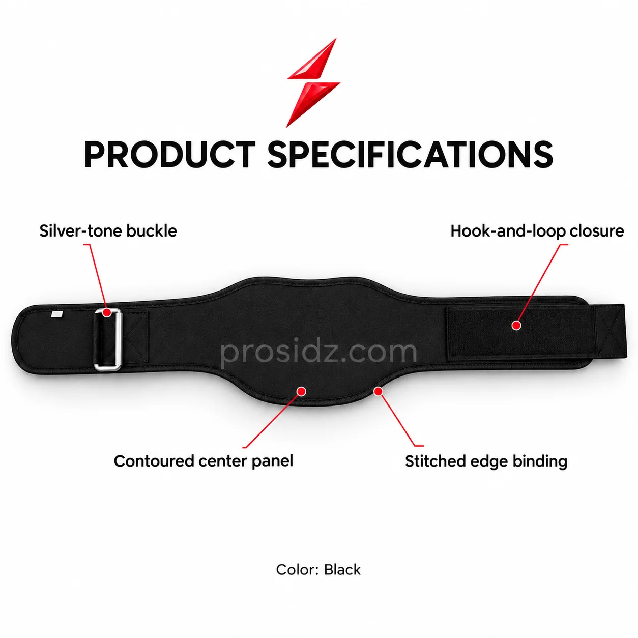 psi-prosidz-industries-wholesale-weightlifting-belts-specifications PSI and prosidz industries wholesale weightlifting belts specification graphic labeling the buckle, closure, contoured panel and stitched binding.
